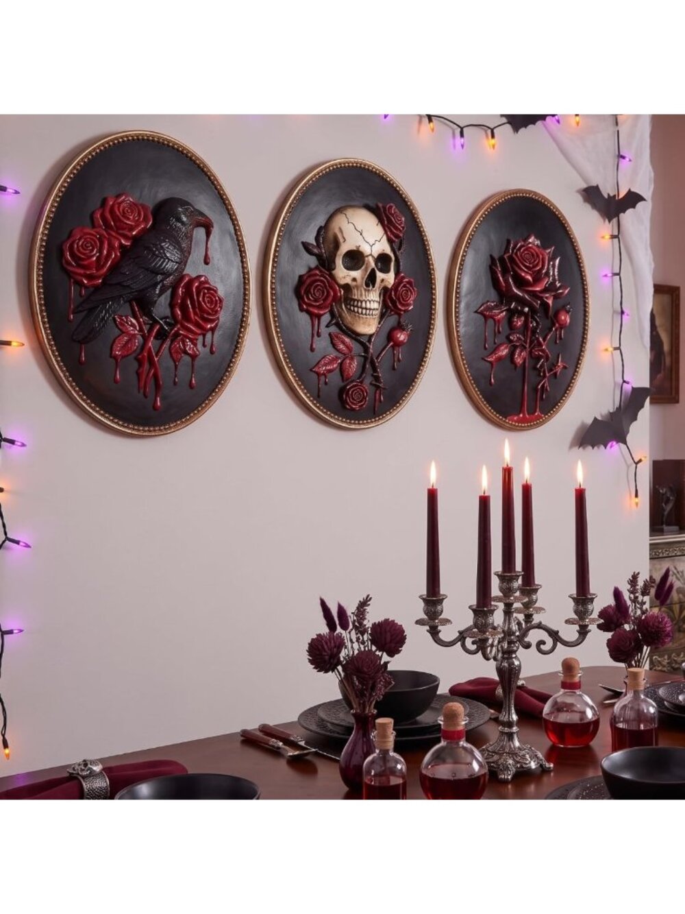 Gothic Skull Wall Decor Set - 3D Halloween Art with Rose Relief Design, Spooky